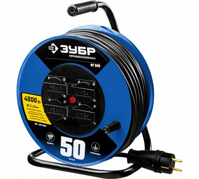 Удлинитель на катушке ЗУБР Профессионал 50 м, 4000 Вт, 4 гнезда, IP44, КГ 3x2.5кв.мм 55079-50