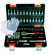 Набор инструментов, 1/4" , CrV, пластиковый кейс 57 предметов Вихрь + Перчатки строительные с ПВХ (точка) и нано-нитью