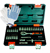 Набор инструментов, 1/4" , CrV, пластиковый кейс 29 предметов Вихрь + Перчатки строительные с ПВХ (точка) и нано-нитью