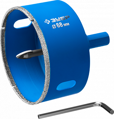 Коронка алмазная по кафелю и стеклу, d=68 мм, зерно Р 60, в сборе с центрирующим сверлом и имбусовым ключом, ЗУБР Профессионал 29850-68